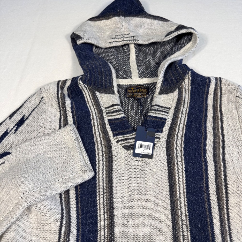 Lucky Brand Mens‎ M Baja Hoodie Gray Navy Pullover Surf Boho Skater Street Knit - Picture 10 of 14